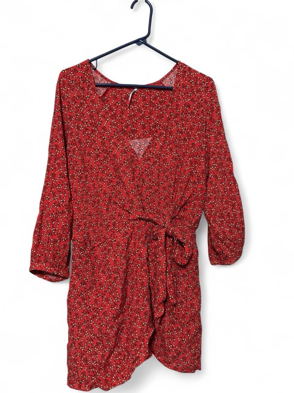 Free People Red Floral Wrap Dress with Tie Waist